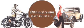 Logo der Oldtimerfreunde Halle-Teiche e.V. Links ein altes Motorrad mit einem Mann drauf, rechts ein altes Auto mit einer Dame davor und in der Mitte ein Kreis mit dem Text "Oldtimerfreunde Halle-Teicha e.V."